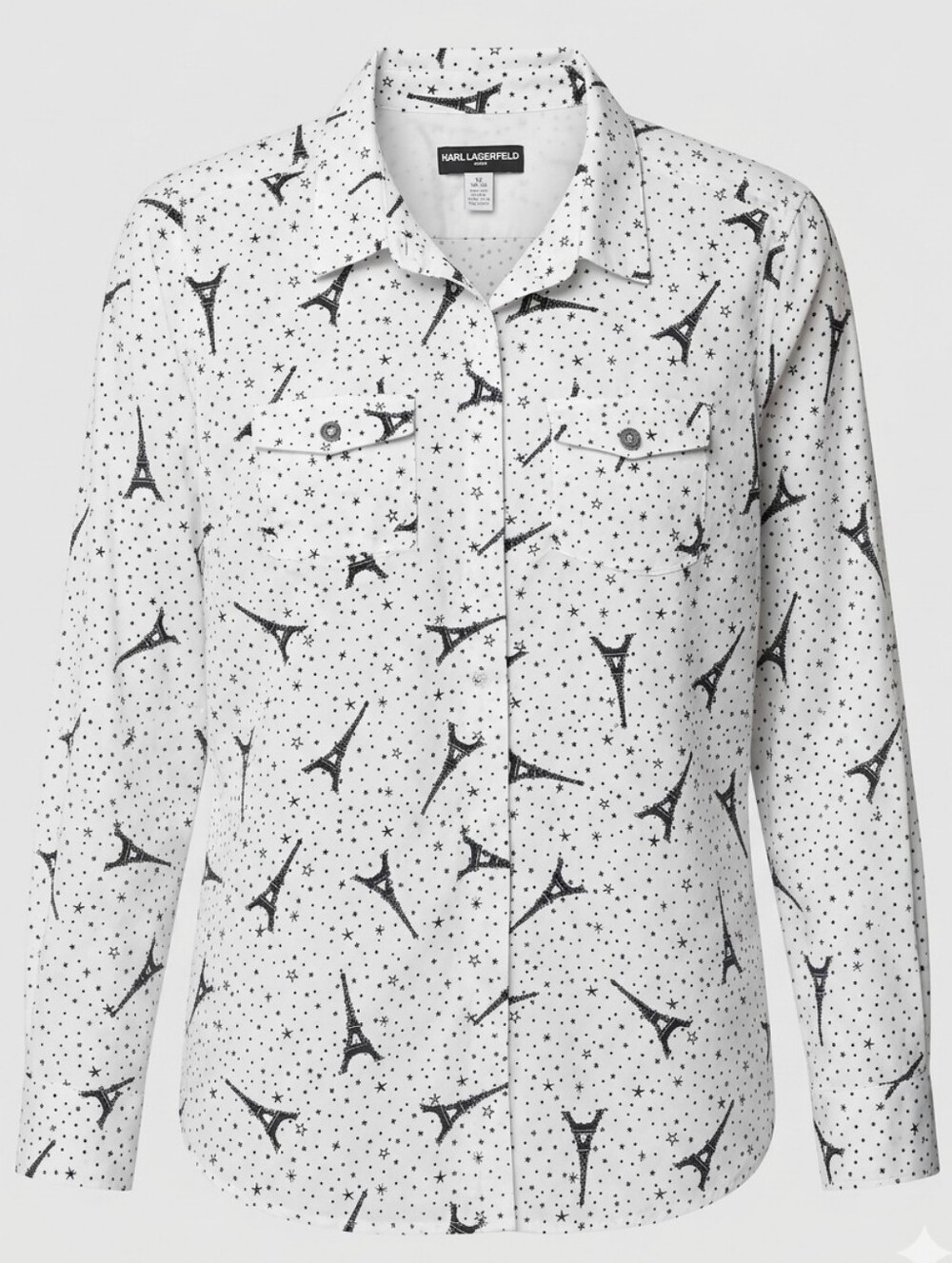 💛Karl Lagerfeld White Eiffel Tower & Stars Button Front Long Sleeve Top XLarge